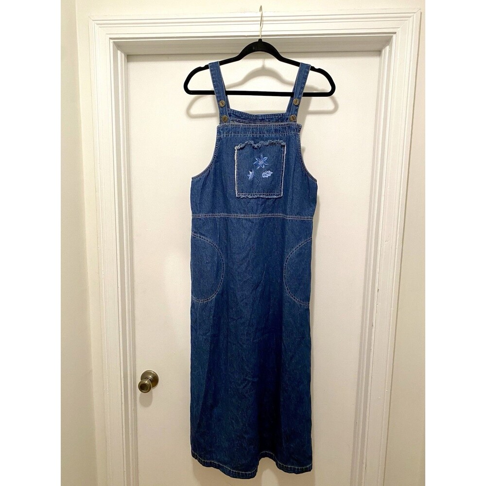 VTG 90s Denim Jumper Dress SZ 8 Cottage core Midi cotton patchwork Phoebe Buffay